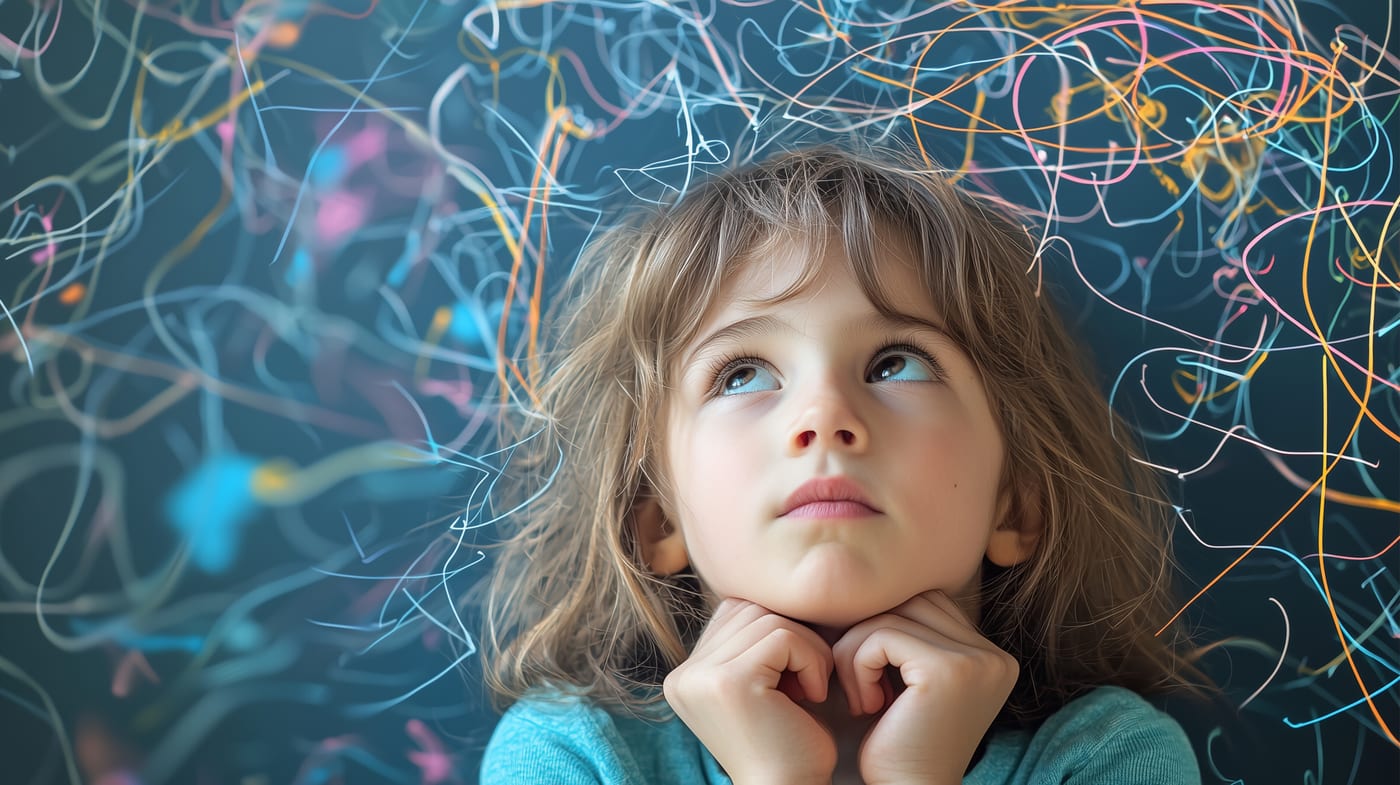 Busy mind visualised with racing thoughts - Oneura calming app for autism sensory overload and overstimulation